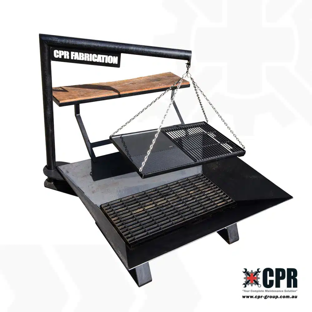 CPR Fabrication Black Creek Fire Pit, complete with grill and preparation bench