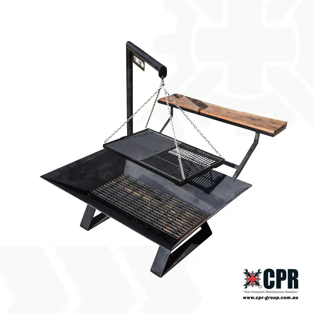 CPR Fabrication Black Creek Fire Pit, complete with grill and preparation bench