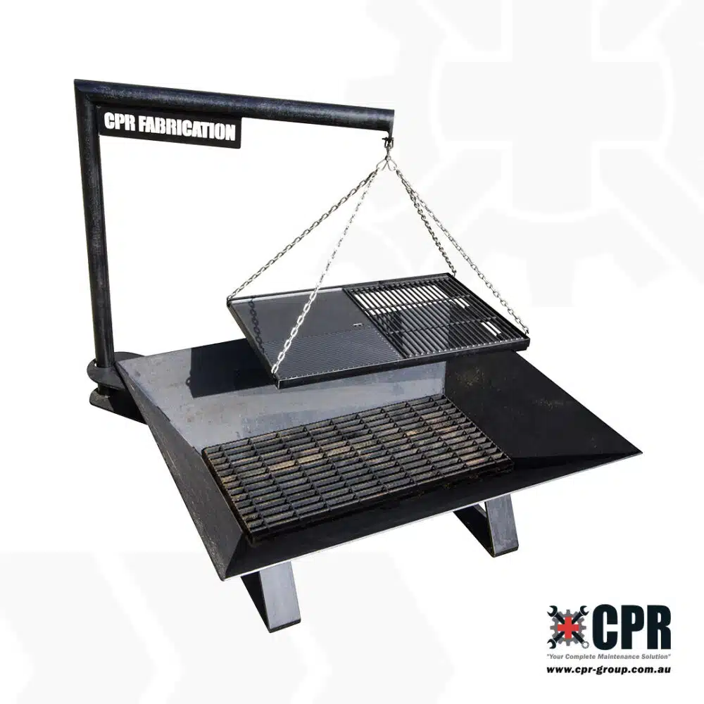 CPR Fabrication Black Creek Fire Pit, complete with grill and preparation bench