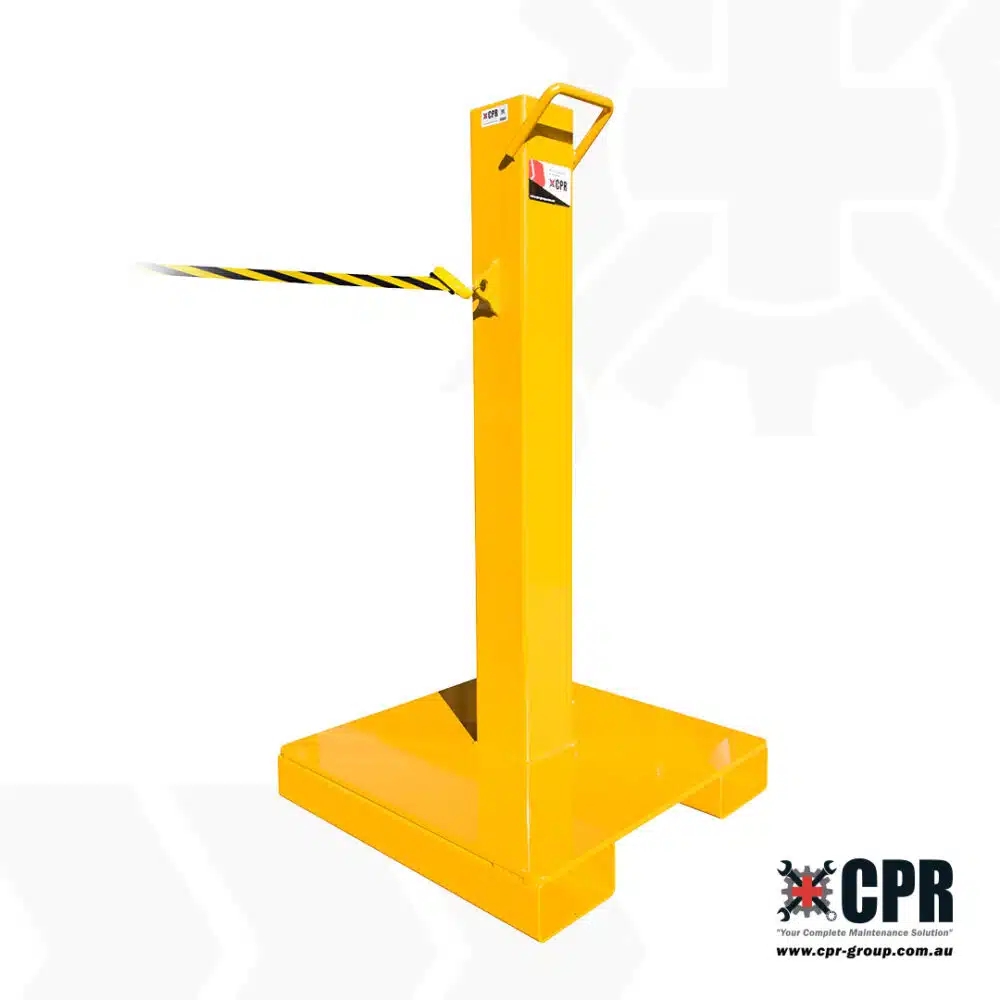 Heavy duty bollard with RETRACTA safety reel, tape holder