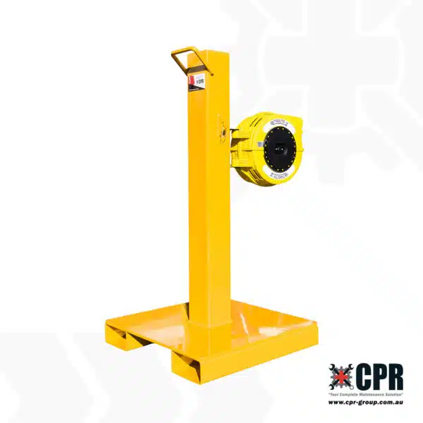 Heavy duty bollard with RETRACTA safety reel, three quarter view